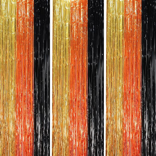 3 Pack 3.3 x 8.2 ft Black Gold Orange Foil Fringe Backdrop Curtains, Tinsel Streamers Party Decorations, Fringe Backdrop, Door Shimmer for Construction or Birthday Party