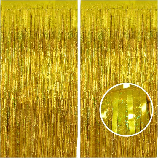 Melsan Gold Foil Curtain, 2 Pack 3.2 ft x 8.2 ft Tinsel Foil Fringe Curtains Backdrop, Sparkle Metallic Foil Fringe Curtains for Class of 2025 Retirement Fathers Day Decorations Photo Booth Props