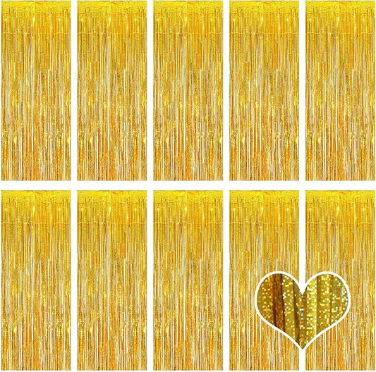10 Pack Gold Backdrop Curtain 3.2ft x 8.2ft Metallic Tinsel Foil Fringe Curtains Photo Booth Background for Birthday Party Decoration Baby Shower Engagement Wedding Christmas Decoration (Gold)