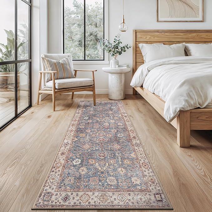 Bloom Rugs Washable Non-Slip 10 ft Runner - Beige/Blue Traditional Bordered Runner for Entryway, Hallway, Bathroom, and Kitchen - Exact Size: 2.5' x 10'