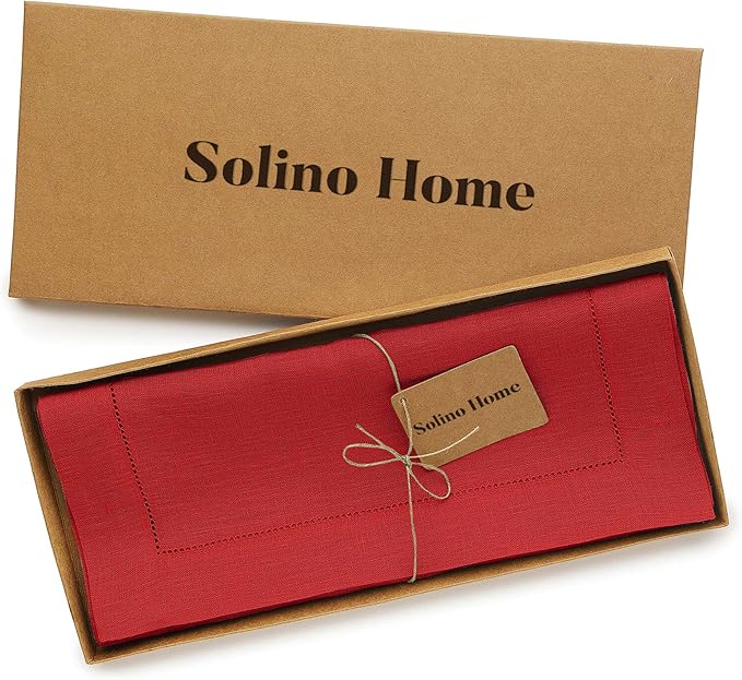 Solino Home Linen Red Table Runner 132 Inches Long - 100% Pure Linen Extra Long Table Runner 14 x 132 Inch for Christmas, Holiday - Classic Hemstitch