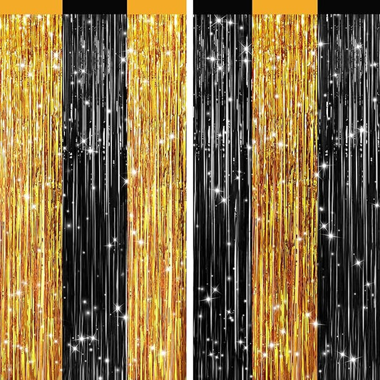 2Pack Black Gold Metallic Tinsel Foil Fringe Curtains, Door Streamers Photo Booth Backdrop for Birthday Party, Tinsel Curtain Backdrop for Wedding Baby Shower Bachelorette Christmas Party Decorations