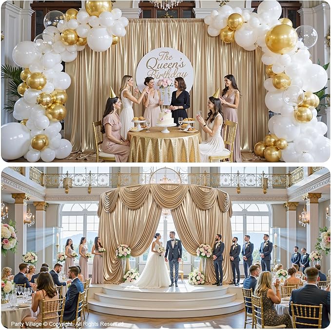 PartyVillage 10x10FT Champagne Gold Sequin Backdrop Curtain -2 Panels 5x10FT Wrinkle Free Shimmer Back Drop Cloth, Glitter Backdrop Drapes for Photography, Birthday, Wedding, Graduation Background