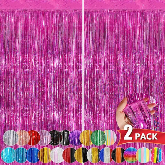 Hot Pink Metallic Tinsel Foil Fringe Curtains, 2 Pack 3.3x8.3 Feet Party Streamer for Birthday Party Decorations, Halloween Decor, Foil Curtain Backdrop for Bachelorette Party