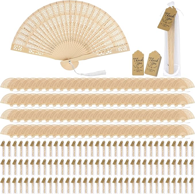 Aodaer 100 Pieces Wooden Folding Fan Sandalwood Folding Hand Fan Openwork Vintage Chinese Fan with White Tassel, Organza Bag and Greeting Cards for Wedding Birthday Party Favors Home Decorations