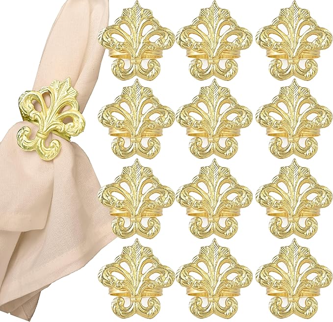 Lightweight Metal Napkin Rings Set of 12 - Fleur-de-Lis Napkin Holders for Dining Table, Weddings, and Special Events - Elegant Table Décor for Home & Restaurants (Gold) - CLEENTABLE