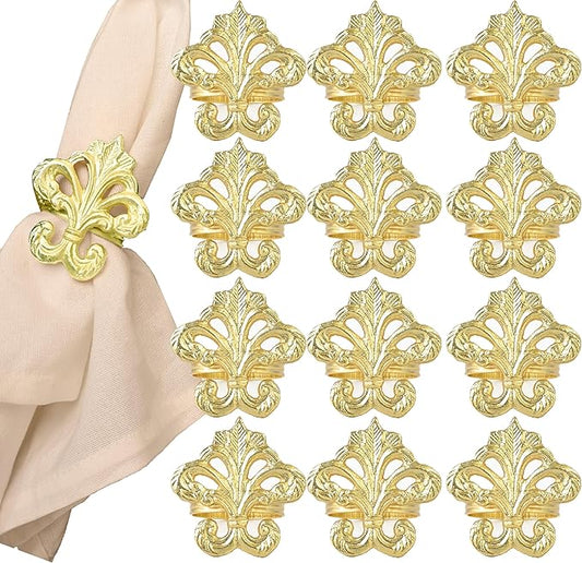 Lightweight Metal Napkin Rings Set of 12 - Fleur-de-Lis Napkin Holders for Dining Table, Weddings, and Special Events - Elegant Table Décor for Home & Restaurants (Gold) - CLEENTABLE