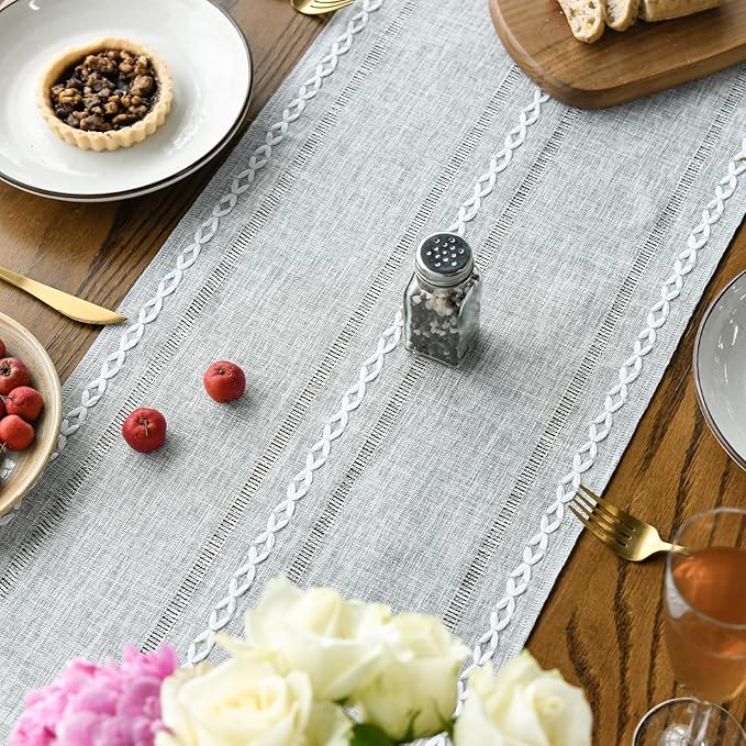 Artoid Mode Grey Rustic Cotton Linen Table Runner, Seasonal Embroidered Hollow Kitchen Dining Table Decoration for Home Party Decor 13x90 Inch