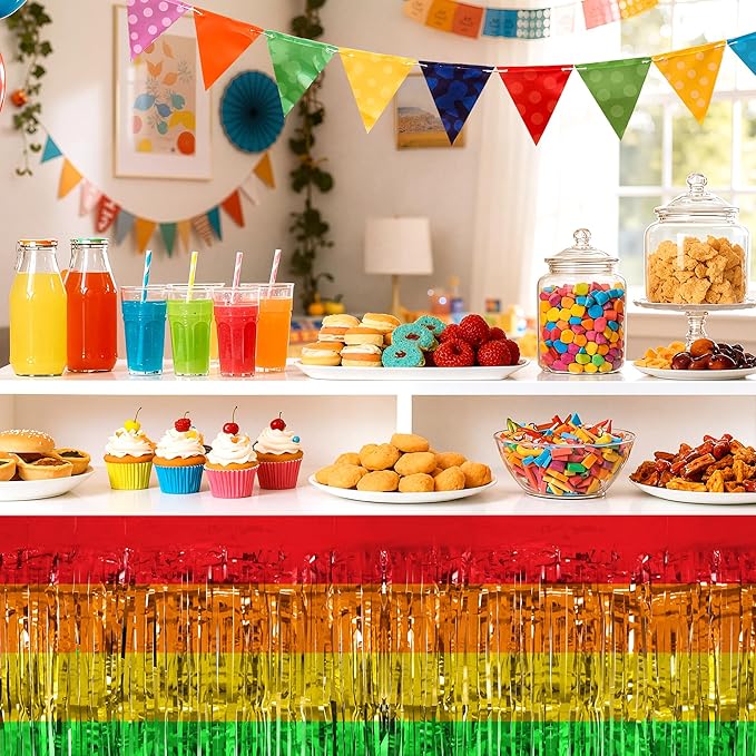 2 Pack Rainbow Table Skirts, 29x108" Metallic Foil Tinsel Fringe Table Skirts for Rectangle Tables Streamer Curtains Backdrop, Party Decorations for Birthdays Weddings Holidays