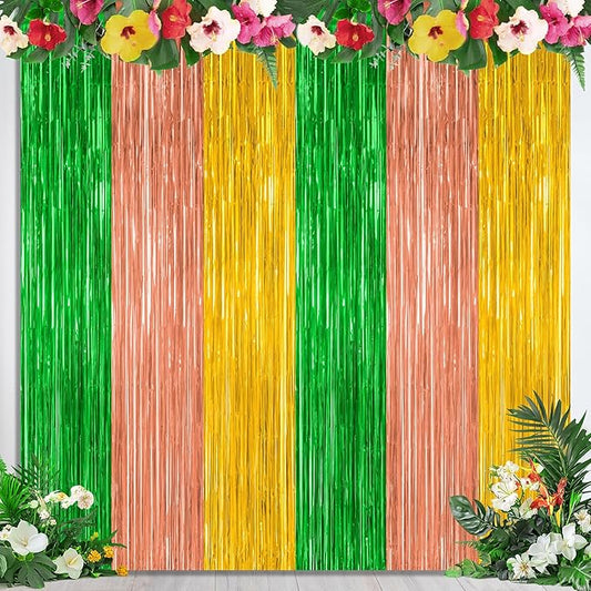 2 Pack Luau Decorations, 3.28 FT x 7.05 FT Summer Party Streamer, Green Brown Yellow Backdrop Tinsel Curtains Fringe Curtains, Metallic Hawaiian Supplies Aloha Party Decor