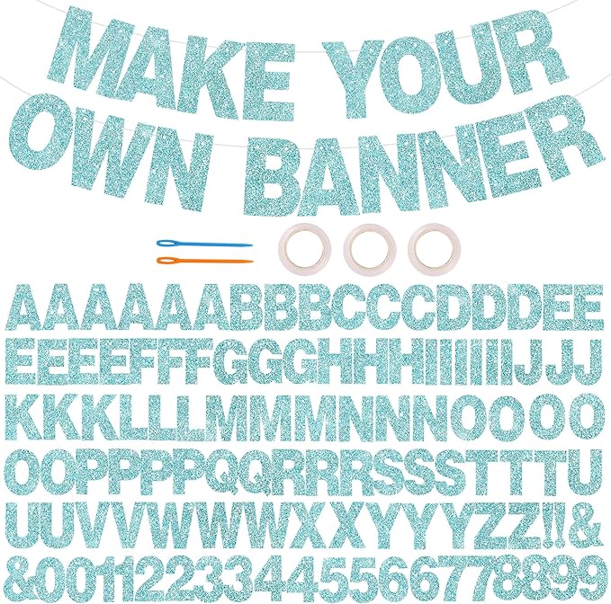 BEISHIDA 116 PCS Glitter Baby Blue DIY Letter Banner Kit Make Your Own Banner，Including 111 Letters and Numbers 3 Rope and 2 Threading Device,Customized for Birthday Graduation Wedding Party Decor