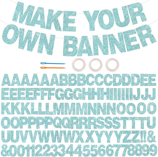 BEISHIDA 116 PCS Glitter Baby Blue DIY Letter Banner Kit Make Your Own Banner，Including 111 Letters and Numbers 3 Rope and 2 Threading Device,Customized for Birthday Graduation Wedding Party Decor