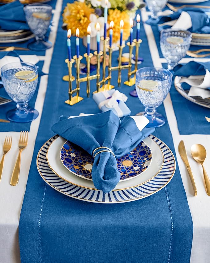 Solino Home Linen Table Runner 36 Inches - 100% Pure Linen Indigo Blue Hemstitch Table Runner 14 x 36 Inch Ideal for Dresser and Coffee Tables - Fall, Autumn, Christmas, Holiday - Classic Hemstitch