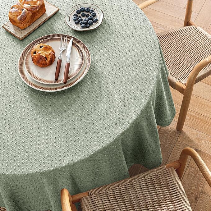 MIULEE Sage Green Linen Cottton Table Cloth Round Tablecloth Waterproof Spillproof Cross-Star Textured Table Cltoth Decorative Farmhouse Style for Dining Party Weddings 60 Inch