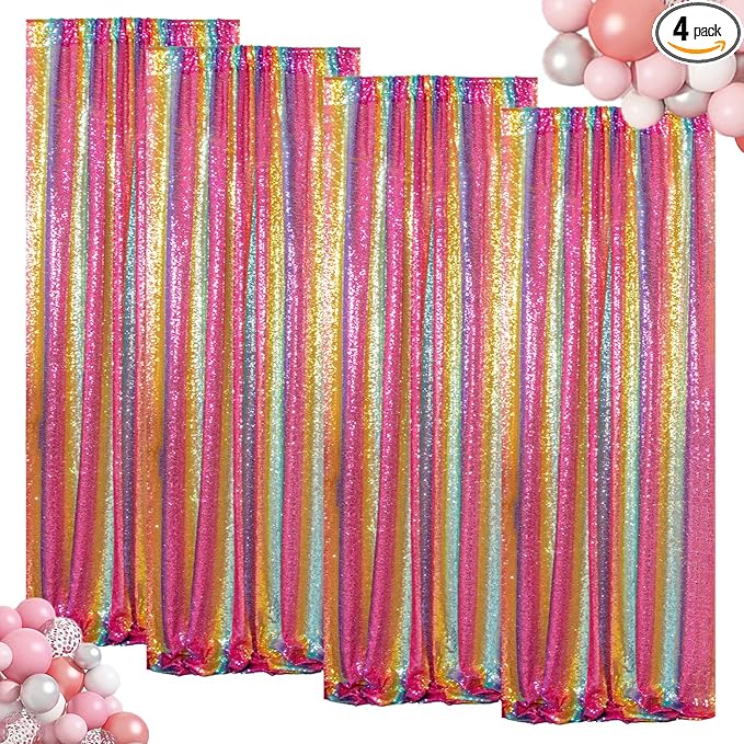 ShinyBeauty 4Pcs 2FTx8FT Rainbow Sequin Backdrop Curtains - Sparkly Photo Background for Parties, Weddings, Baby Showers, and Events - Durable and No-Drop Sequins Photograpahy Backdrops