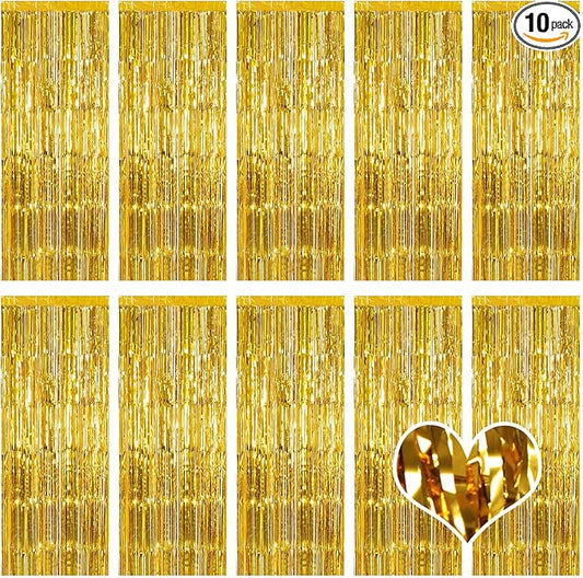 10 Pack Gold Backdrop Curtain 3.2ft x 8.2ft Metallic Tinsel Foil Fringe Curtains Photo Booth Background for Birthday Party Decoration Baby Shower Engagement Wedding Christmas Decoration (Gold)