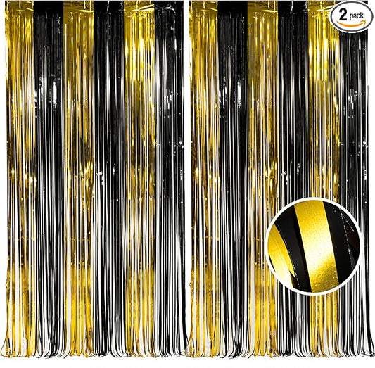 BRAVESHINE 3.2 x 8.2 ft Black Gold Foil Fringe Curtains - 2 Pack Metallic Photo Booth Streamers Backdrop for Boy Men Birthdays/New Years/Graduates/Homecoming/Farewell/Prom/Ramarak Party Decorations