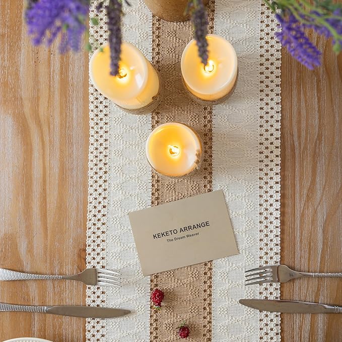 Boho Table Runner Cream Beige Brown for Home Decor 12x90 Inches Farmhouse Macrame Burlap Jute Rustic Dining Kitchen Centerpiece Bohemian Decor French Country Bridal Shower Decorations
