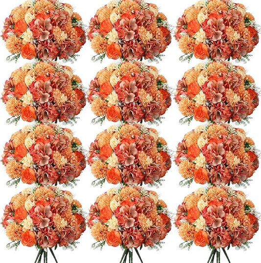 Tigeen Artificial Flowers Artificial Peonies Silk Flowers Faux Peony Fake Peony Silk Hydrangea Bouquet for Wedding Table Centerpiece Floral Vase Decor (Bright Orange,12 Bundles)