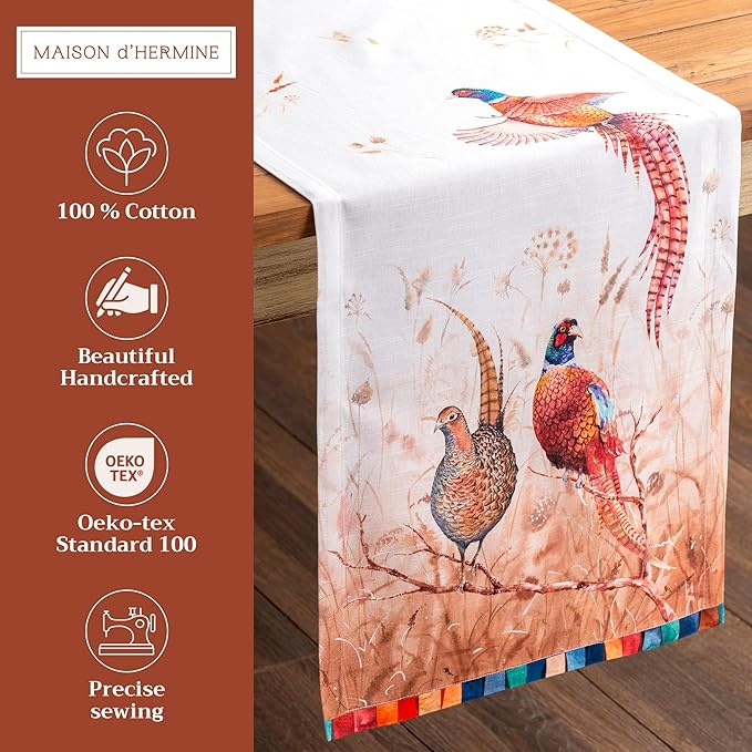 Maison d' Hermine Table Runner 100% Cotton Single Layer Table Runners 72 inches Long for Thanksgiving Christmas Decorations Home Kitchen Dining Party Wedding (Faisan D'Automne, 14.5" x 72")