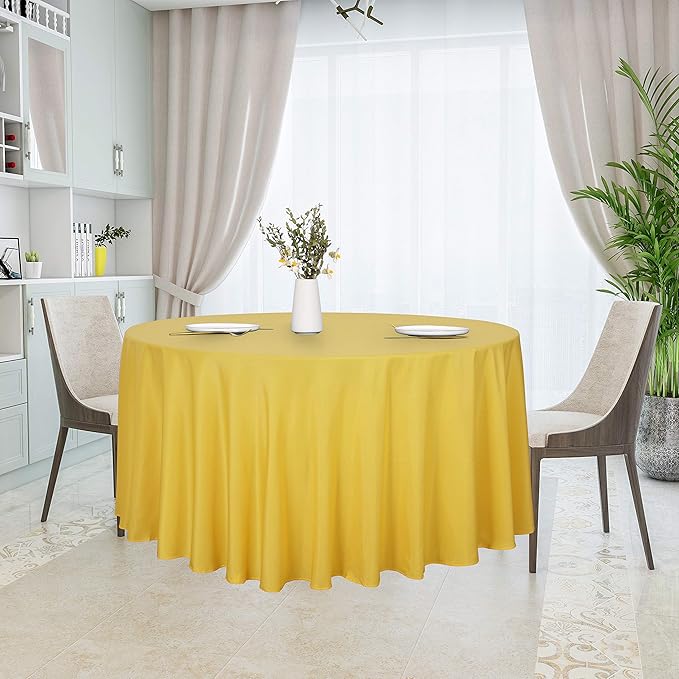 sancua Round Tablecloth - 108 Inch - Water Resistant Spill Proof Washable Polyester Table Cloth Decorative Fabric Table Cover for Dining Tables, Buffet Parties and Camping, Yellow