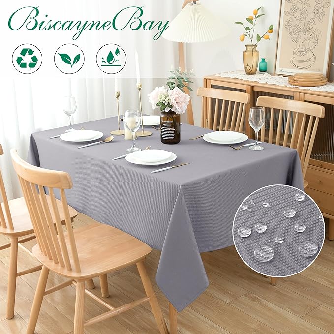 Biscaynebay Textured Fabric Tablecloths 90x156 Inches Rectangular, Silver Grey Water Resistant Spill Proof Tablecloths for Dining, Kitchen, Wedding and Parties, Machine Washable