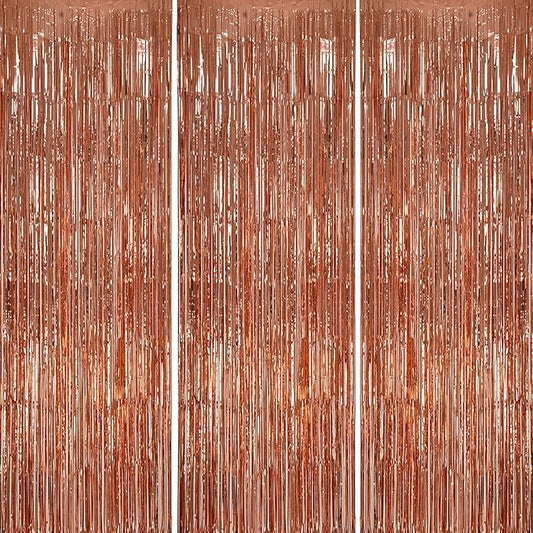 3 Pack Foil Fringe Backdrop - Rose Gold Shiny Tinsel Curtains for Party Decoration/Photo Booth Props - 3.3x8.2 FT Metallic Foil Backdrop for Birthday, Wedding, Graduation, Christmas.