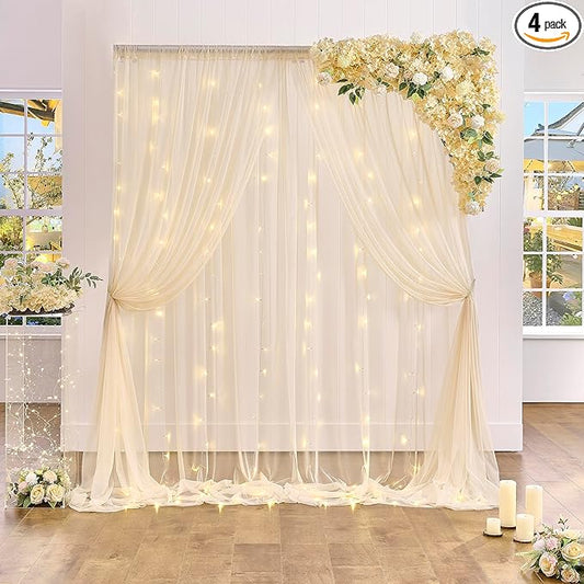 Champagne Backdrop Curtain with Lights String for Parites Wedding 20×8ft Sheer Tulle Backdrop Curtains for Bridal Shower Baby Shower Birthday Party Photo Shoot Background Decorations(4 Panels 5ft×8ft)