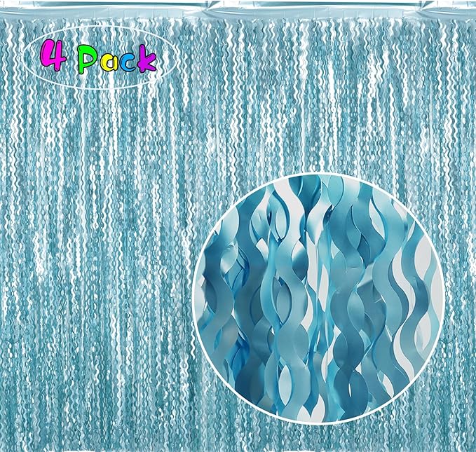 4 Pack Wavy Blue Foil Fringe Curtain 3.3x6.6 Feet | Blue Streamers Tinsel Backdrop for Under The Sea Party Decorations | Ocean Backdrop | Mermaid Birthday Decorations