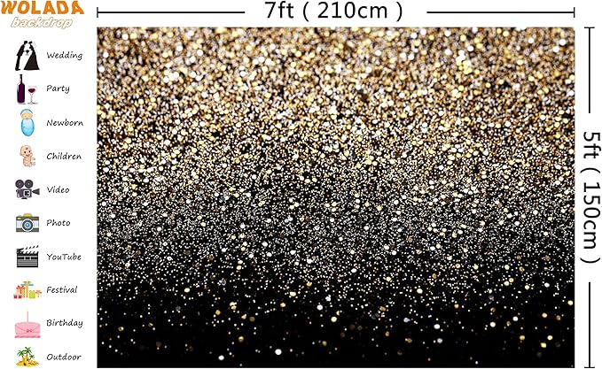 WOLADA Black and Gold Backdrop Golden Glitter Backdrop for Photography Wedding Birthday Baby Shower Party Photo Studio 7x5FT 11176