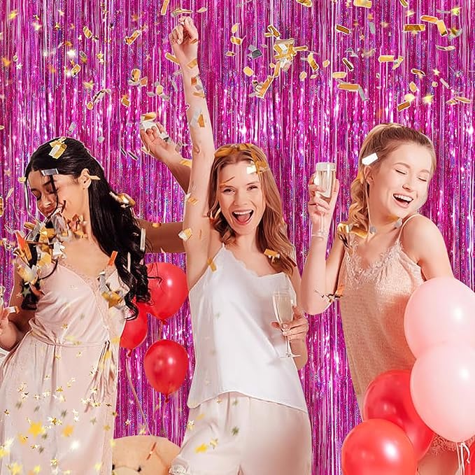 Hot Pink Metallic Tinsel Foil Fringe Curtains, 2 Pack 3.3x8.3 Feet Party Streamer for Birthday Party Decorations, Halloween Decor, Foil Curtain Backdrop for Bachelorette Party