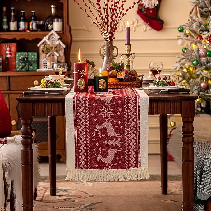 Table Runners 107 Inches,Elk Table Runner with Tassel Fringe,Christmas Table Runner for Party，Coffee Table, Festival