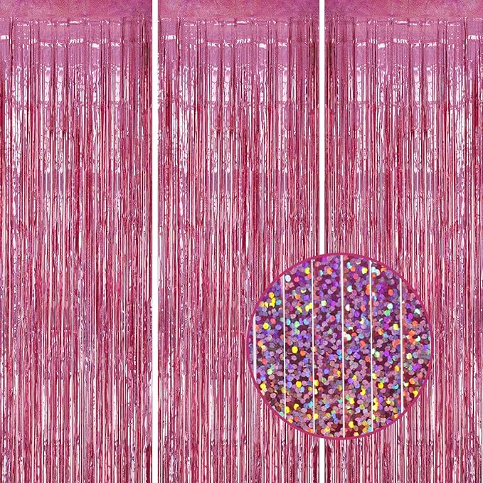 3 Pack Foil Fringe Backdrop - Laser Pink Shiny Tinsel Curtains for Party Decoration/Photo Booth Props - 3.3x8.2 FT Metallic Foil Backdrop for Birthday, Wedding, Graduation, Christmas.