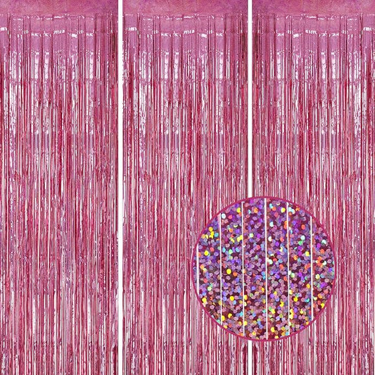 3 Pack Foil Fringe Backdrop - Laser Pink Shiny Tinsel Curtains for Party Decoration/Photo Booth Props - 3.3x8.2 FT Metallic Foil Backdrop for Birthday, Wedding, Graduation, Christmas.