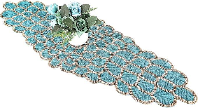 Beaded Table Runner 13 x 36 Inches - Handmade Decorative Dining Table Centerpiece with Glass Beads & Polyester Back, Elegant Runner for Weddings, Parties & Holiday Décor (Blue & Gold) - CLEENTABLE