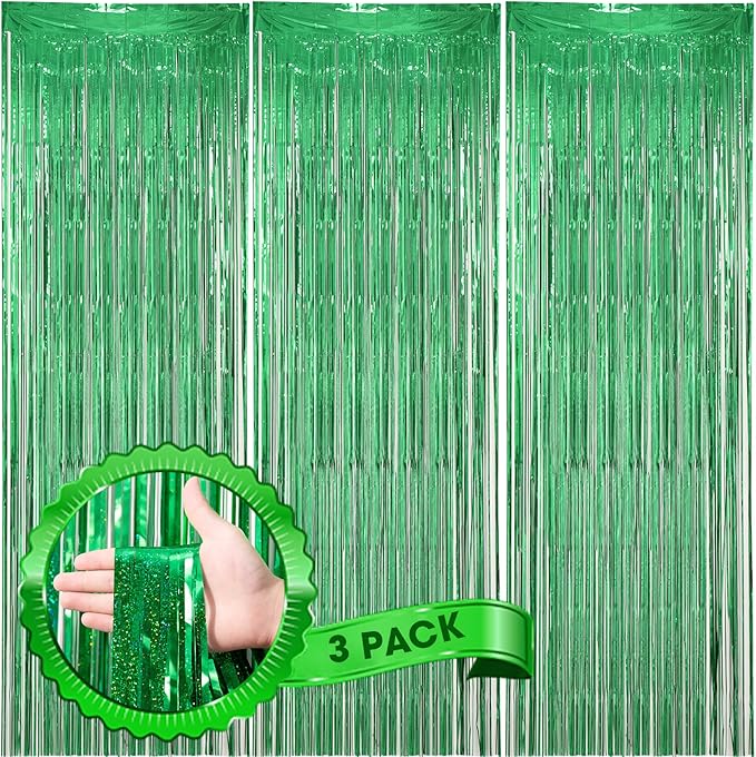 3 Pack 3.3 x 8.2 ft Laser Green Foil Fringe Backdrop Curtains, Tinsel Streamers Birthday Party Decorations, Fringe Backdrop for Graduation, Baby Shower, Gender Reveal, Disco Party