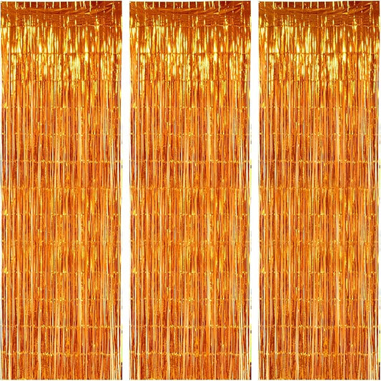 TONIFUL 3Pcs Orange Door Streamers,Photo Booth Backdrop Metallic Streamers Foil Fringe Curtains for Halloween Thanksgiving New Year Bachelorette Birthday Party Streamers Decor(9.9ft x 6.6ft)