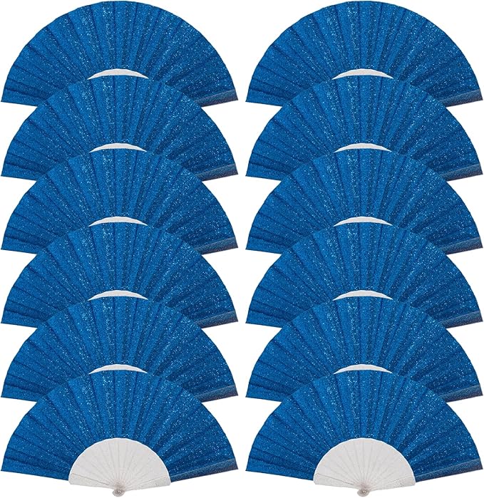 12 Pack Handheld Fan,Folding Hand Glitter fan with Shining Transparent Fan Rib – Ideal for Wedding, Church, Festival, Dance, Tea Party, Club, and EDM Accessories, Royal blue