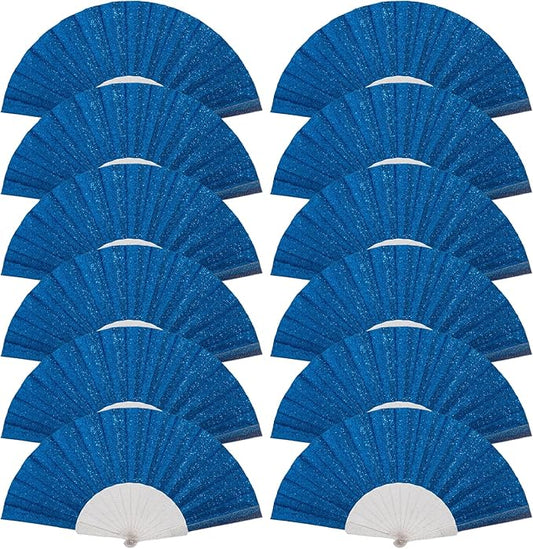 12 Pack Handheld Fan,Folding Hand Glitter fan with Shining Transparent Fan Rib – Ideal for Wedding, Church, Festival, Dance, Tea Party, Club, and EDM Accessories, Royal blue