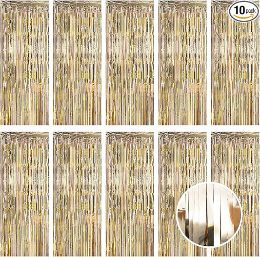 10 Pack Champagne Gold Foil Curtain Backdrop 3.2ft x 9.8ft Metallic Tinsel Foil Fringe Curtains Streamer Photo Booth Backdrop for Birthday Party Engagement Bachelorette Party Decorations