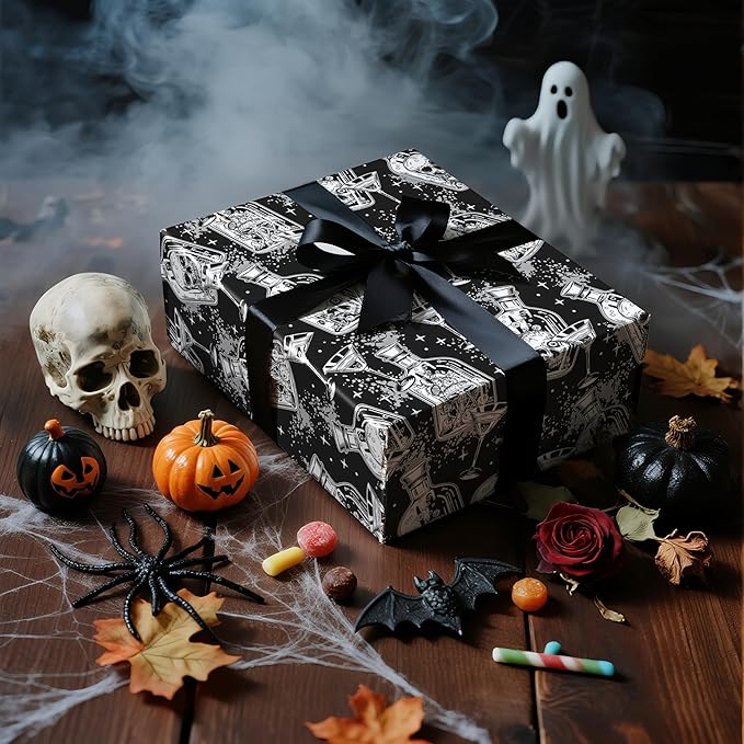 LeZakaa Halloween Wrapping Paper Roll, Gothic Skull-in-Bottle and Eye Cocktail Glass in Black, Spooky Gift Wrap for Horror Lovers, Goth Style Party, Trick or Treat, Mini Roll 17 In x 16.4 Feet