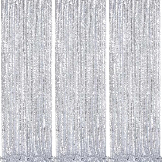 Silver Sequin Backdrop Party Decorations - 3 Packs 2ft x 8ft Silver Photography Background Curtain for Christmas Birthday