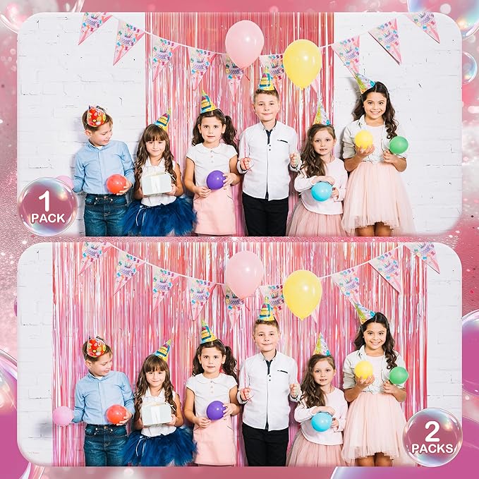 2 Pack Pink Iridescent Streamers Backdrop, 3.3x6.6ft Foil Fringe Curtains Holographic Door Tinsel Streamers for Birthday, Wedding, Holiday, Bachelorette, Baby Shower Theme Party Decorations