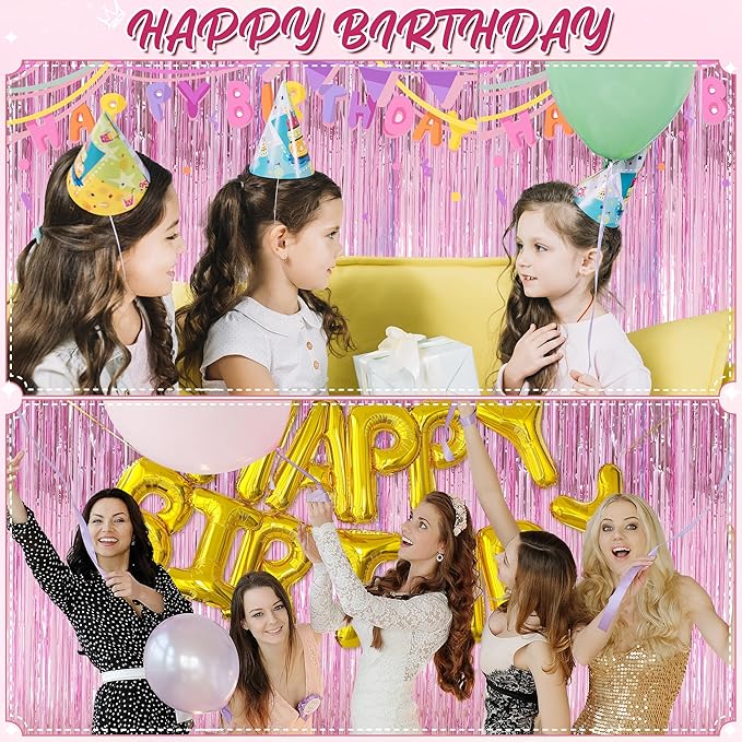 Crosize 2 Pack 3.3 x 9.9 ft Pink Foil Fringe Backdrop Curtain, Streamer Backdrop Curtains, Streamers Birthday Party Decorations, Tinsel Curtain for Parties, Galentines Decor, Preppy, Photo Booth