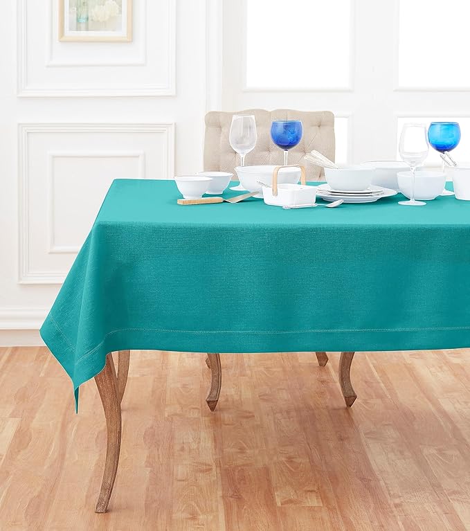 Solino Home Teal Linen Tablecloth 60 x 108 Inch - Classic Hemstitch, 100% Pure Linen Rectangular Tablecloth - Machine Washable Table Cloth for Fall, Autumn, Thanksgiving, Christmas