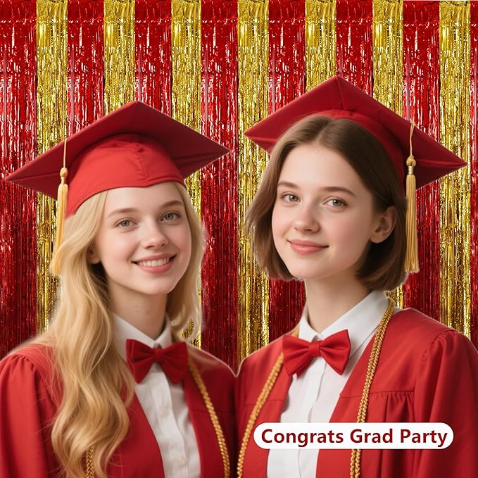BEISHIDA Red Gold Door Streamers Backdrop Foil Fringe Tinsel Party Streamers Curtains Photo Backdrop for Birthday Graduation Christians Party Decoations