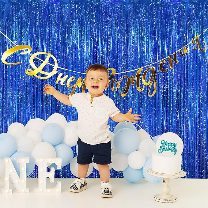 GOER 3.2 ft x 8.2 ft Metallic Tinsel Foil Fringe Curtains Party Photo Backdrop Party Streamers for Birthday,Graduation,New Year Eve Decorations Wedding Decor(5 Packs,Shiny Blue)