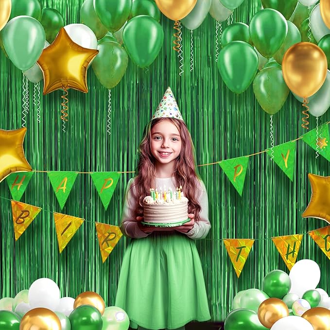 2 Pack Metallic Green Fringe Backdrop, 3.2x8.2ft Shining Foil Tinsel Curtains, Birthday Party Decorations Door Streamers for Halloween, Christmas, Wedding, Graduation, Holiday, Theme Events