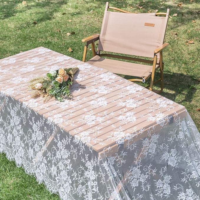 TINWIN Rectangle Lace Tablecloth 60x120 Inch White Vintage Runner Eyelash Fabric for Kitchen Dining Picnic Table Wedding Decor for Home Decoration Tea Party Decor-3