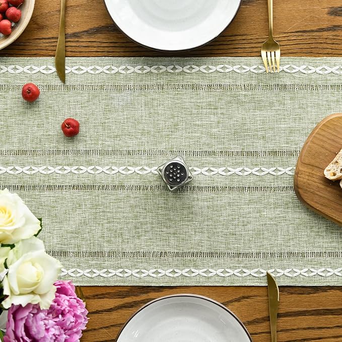 Artoid Mode Sage Green Rustic Cotton Linen Table Runner, Seasonal Embroidered Hollow Kitchen Dining Table Decoration for Home Party Decor 13x72 Inch